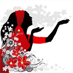 Gartenposter romantisches Mädchen in einem roten Kleid auf Blumenhintergrund © Uladzimir