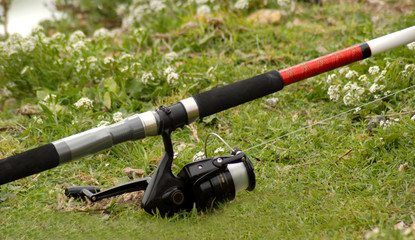 fishing pole and spinning reel resting on the grass