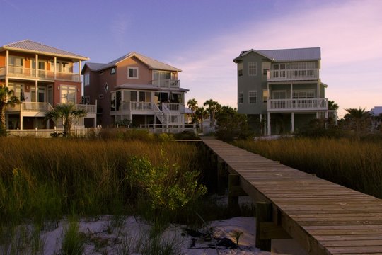 beach houses at sunset