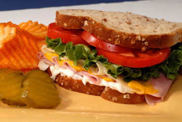 ham, cheese, lettuce and tomato sandwich with pickles and chips