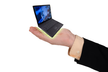 business man with an open hand and laptop