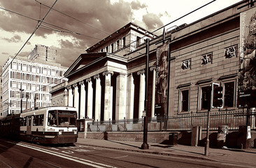 Fototapeta na wymiar Tram Passing Manchester Art Gallery Mosley Street