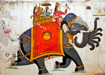 india, bundi: painting on a temple's wall