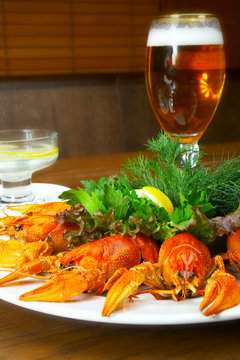 crayfishs with beer on a table at restaurant