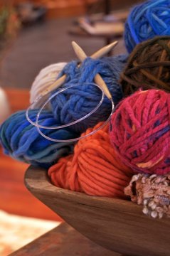 wooden bowl of yarn