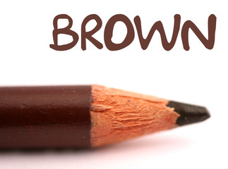 closeup of brown pencil crayon with the word brown above it on w