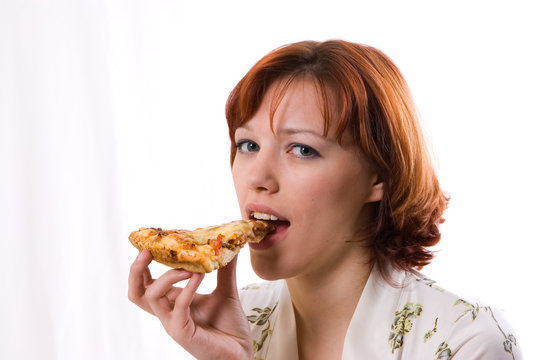 Woman Eating Pizza On White