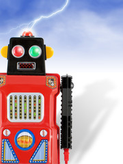 invading red tin toy robot!