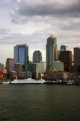 seattle skyline with docked ferry
