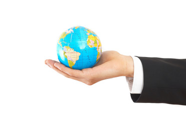 businessman holding globe
