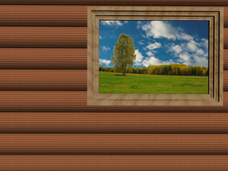 wooden wall with an autumn landscape