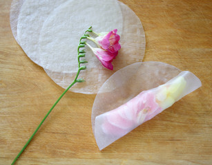 spring roll with freesia, camellia and daffodil