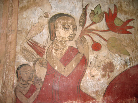 detail of a women colored painting, bagan, myanmar