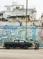 vintage car and mural, havana