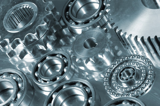 mechanical parts display in duplex metallic toning