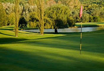 golf green, flag and water hazard