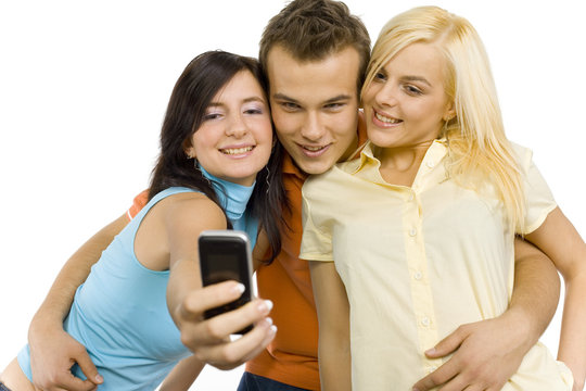 teenagers making picture by mobile