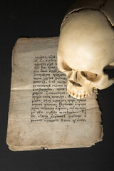 skull and manuscript