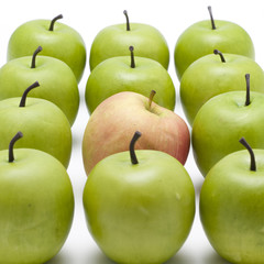 lots of crispy green apples with one red aplle in between