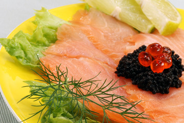 dish with salmon and fruits