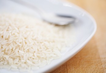 raw white rice on white plate with a spoon macro