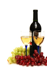 two glasses of wine, bottle and grapes isolated on white