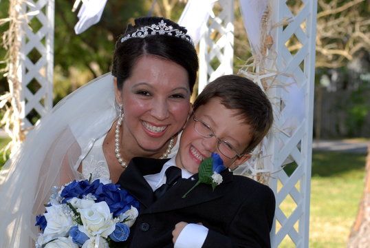 bride and son laughing