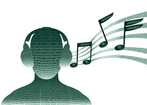 digital man with headphones listening to music