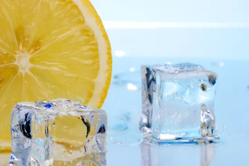 Foto op Plexiglas schijfje citroen en ijsblokjes © evgenyb