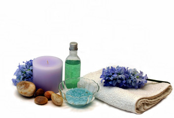 hyacinth candle bath salts and shower gel in blues purples and g