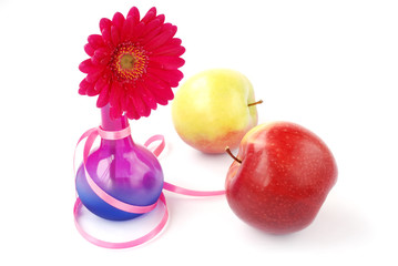red gerber with two apples