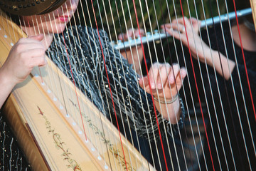 harp and flute performers at wedding