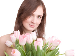 woman portrait with bouquet of tulips