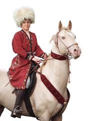rider and akhal-teke horse - isolated on white - obrazy, fototapety, plakaty