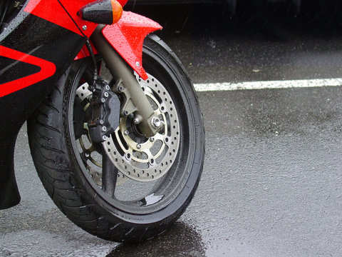 motorcycle tire in the rain