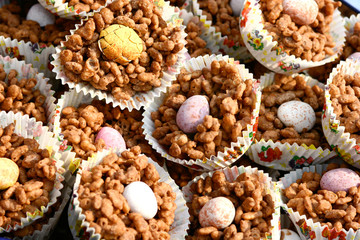 Plate of chocolate covered rice crispies with chocolate egg