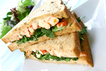 Delicious crayfish sandwich with salad