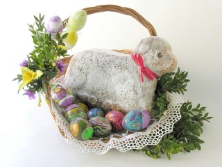 confectionery-lamb and easter-eggs in athe basket