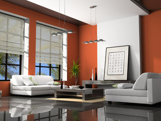 home interior with sofas red 3d rendering - obrazy, fototapety, plakaty