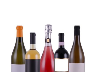 assorted bottles of wine on white background
