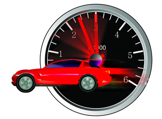 red car with tachometer in background