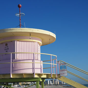 Pink Lifeguard Tower Closed Up In Miami, Florida, USA.