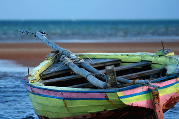 pink yellow sailing boat stranded at low tide in ocean mozambiqu - obrazy, fototapety, plakaty