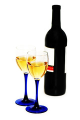 two glasses and bottle of wine isolated on white