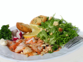 prawns with delicious salad and sauce of wine