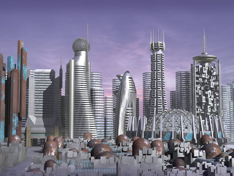 3d model of sci-fi city with futuristic skyscraper