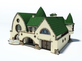house with green roof on white background 3d rendering