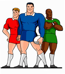 3 rugby players standing red blue and green