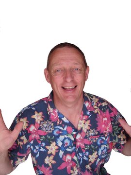 happy man in hawaian shirt