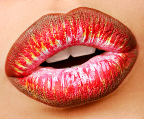 multi colored lipstick. close-up lips.
